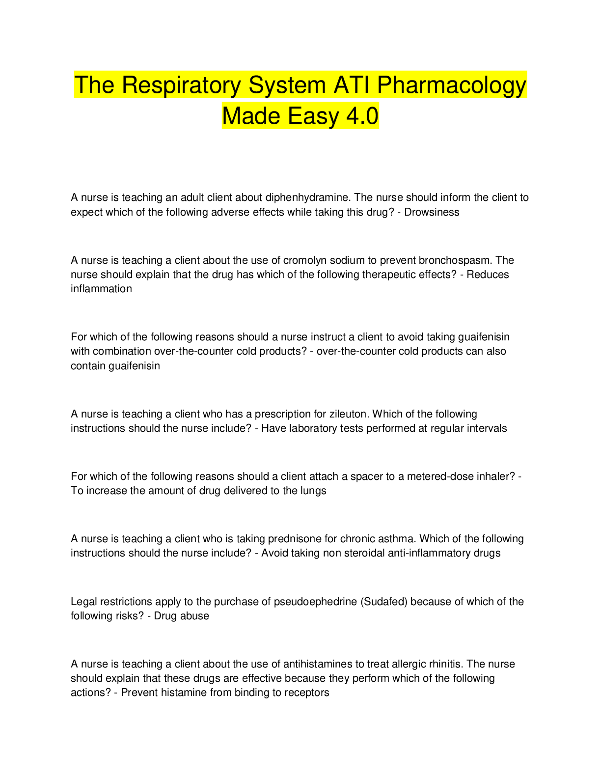 Preview image for The Respiratory System ATI Pharmacology  Made Easy 4.0